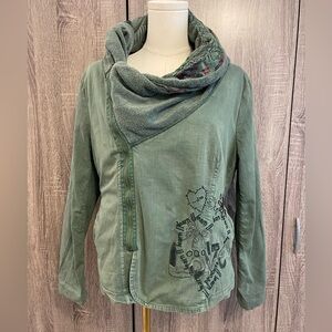 Desigual- Green Zip up Cowl Neck Designer Floral & Embellished Jacket.